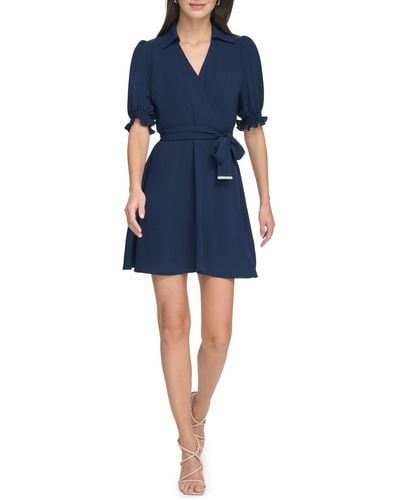 DKNY Short Sleeve Belted Faux Wrap Dress - Blue