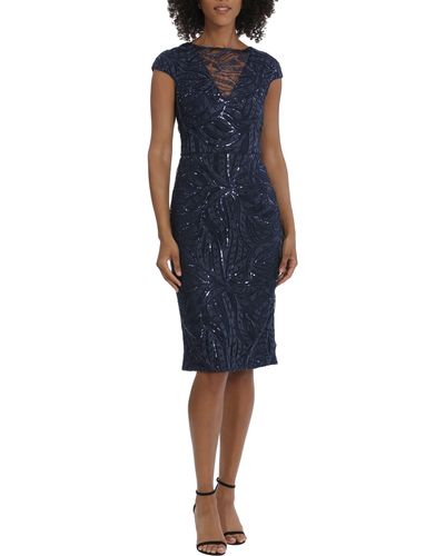 Maggy London Illusion Lace Sequin Embroidered Cap Sleeve Midi Dress - Blue