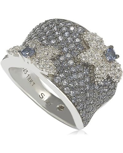 Suzy Levian 18k Gold & Sterling Silver Pavé Blue & Created White Sapphire Diamond Accent Floral Band Ring