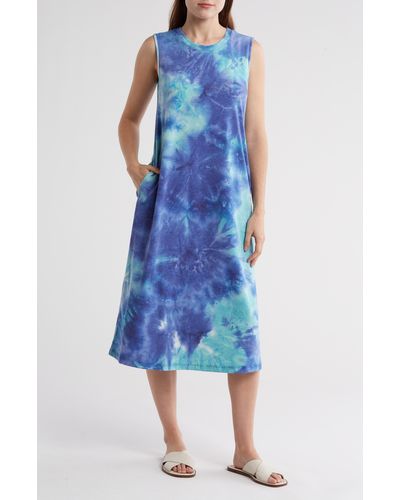 Connected Apparel Tie Dye French Terry Maxi Dress - Blue