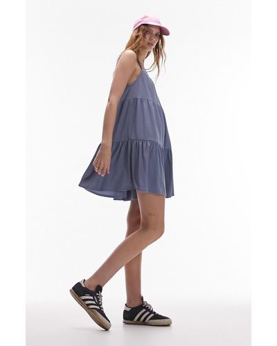 TOPSHOP Tiered Mini Textured Dress - Blue