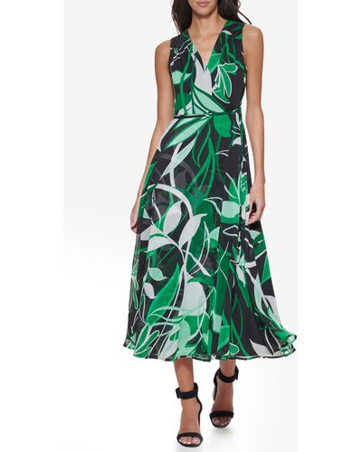 Calvin Klein Sleeveless Chiffon Faux Wrap Midi Dress - Green