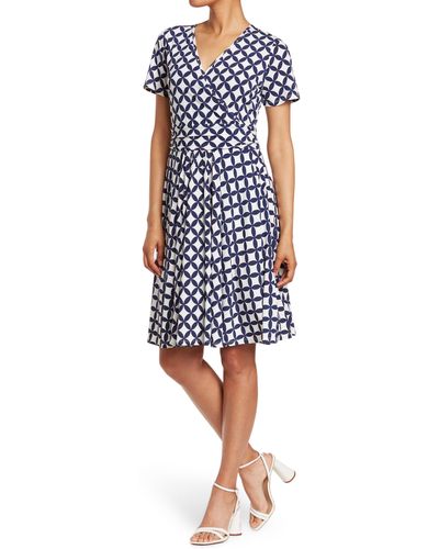 Love By Design Mallory Short Sleeve Faux Wrap Dress - Blue