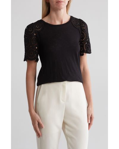 Tahari Eyelet Embroidered Top - Black