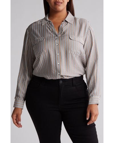 Pleione Stripe Crinkle Long Sleeve Button-up Shirt - Gray