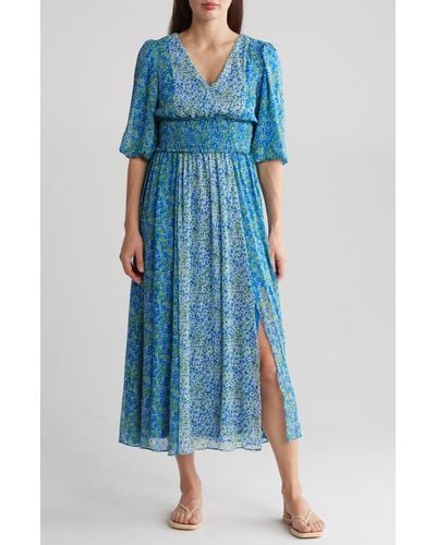 Taylor Dresses Floral Puff Sleeve Smocked Waist Maxi Dress - Blue