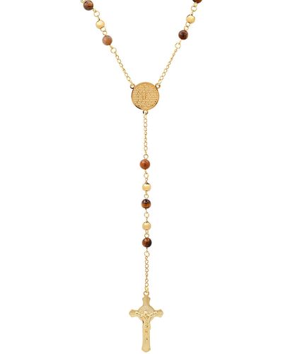 HMY Jewelry Mens' 18k Gold Plate Stainless Steel Crystal Rosary Necklace - Multicolor