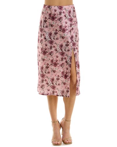 ROW A Floral Print Satin Slit Midi Skirt - Pink