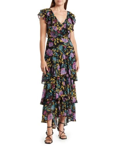 Wayf Floral Tiered Ruffle Dress - Black