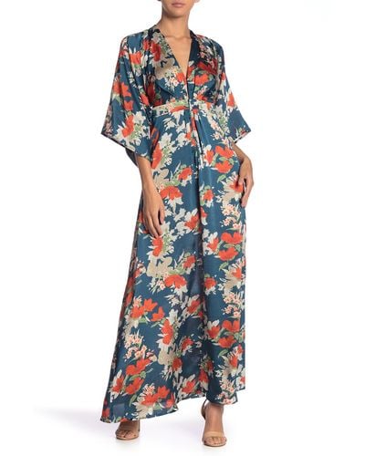 AAKAA Floral Kimono Sleeve Satin Maxi Dress - Blue