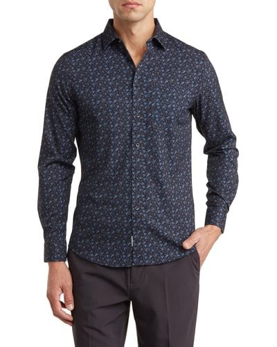 Report Collection Recycled 4-way Mini Floral Print Sport Shirt - Blue