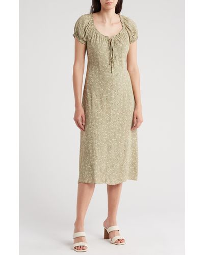 Melrose and Market Floral Tie Keyhole Puff Sleeve Midi Dress - Natural
