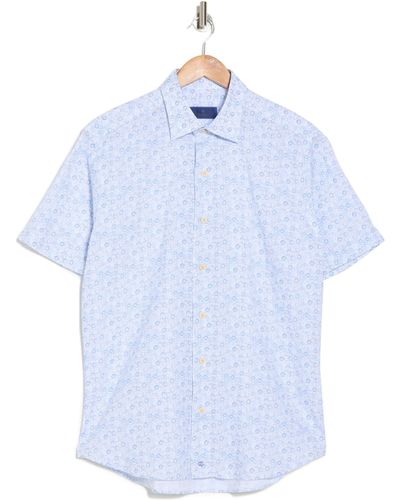 David Donahue Neat Casual Short Sleeve Button-up Shirt - Blue