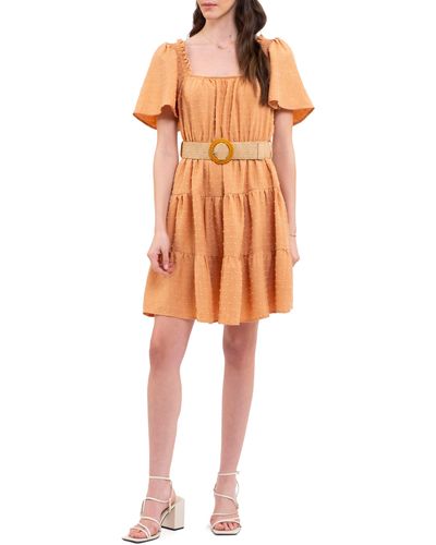 Blu Pepper Belted Flutter Sleeve Clip Dot Dress - Orange