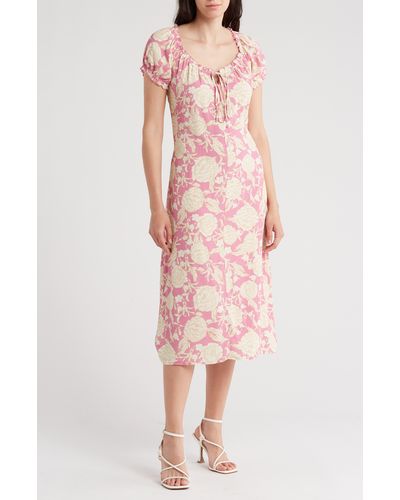 Melrose and Market Floral Tie Keyhole Puff Sleeve Midi Dress - Pink