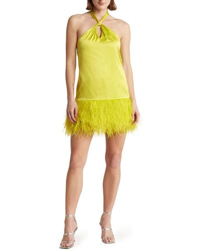 Cinq À Sept Barb Feather Hem Silk Halter Dress - Yellow