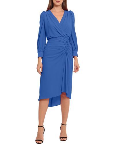 Maggy London Ruched Long Sleeve High-low Midi Dress - Blue