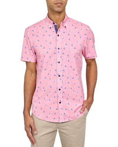 Con.struct Slim Fit Coral Boat Four-way Stretch Performance Short Sleeve Button-down Shirt - Pink