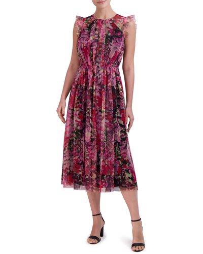 Laundry by Shelli Segal Floral Tulle Flutter Sleeve Midi Dress - Red