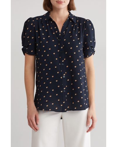 Adrianna Papell Puff Short Sleeve Button-up Top - Blue