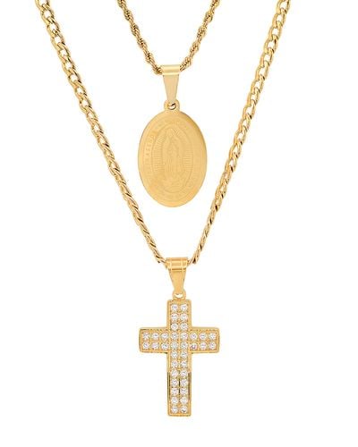 HMY Jewelry 18k Gold Plated Stainless Steel Our Lady Of Guadalupe & Pavé Cross Layered Necklace - Metallic