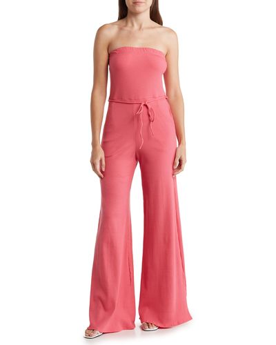 Go Couture Ribbed Strapless Tube Jumpsuit - Red