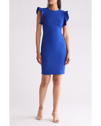 Calvin Klein Ruffle Scuba Crepe Sheath Dress - Blue