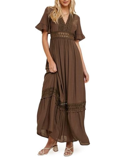 Wishlist Short Sleeve Crochet Dress - Brown