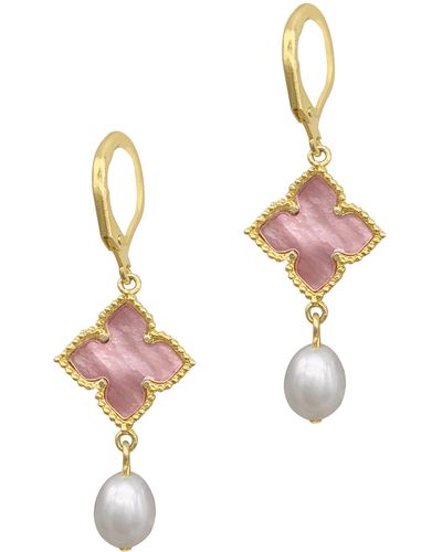 Adornia 14k Yellow Gold Vermeil Floral And 10mm Cultured Pearl Drop Earrings - Pink