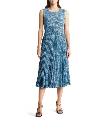 Tahari Sleeveless Pleated Midi Dress - Blue