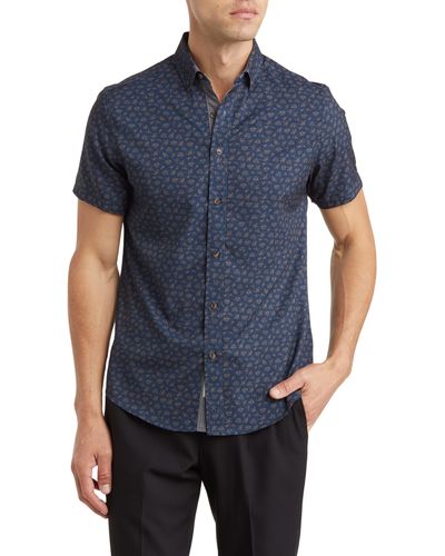 Report Collection Recycled 4-way Floral Print Short Sleeve Sport Shirt - Blue