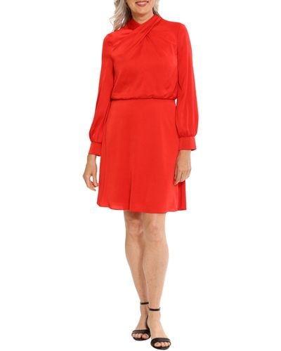 London Times Long Sleeve Satin Fit & Flare Dress - Red