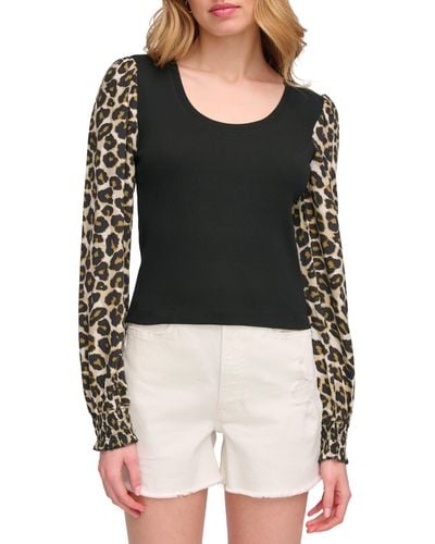 DKNY Leopard Print Long Sleeve Mixed Media Top - Black