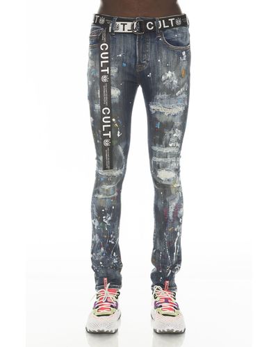 Cult Of Individuality Punk Belted Distressed Super Skinny Jeans - Blue