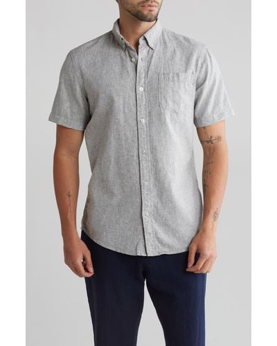 14th & Union Slim Fit Short Sleeve Linen Blend Button-down Shirt - Gray