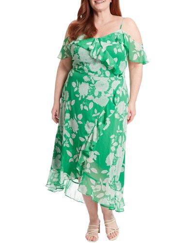 London Times Floral Ruffle Cold Shoulder Dress - Green