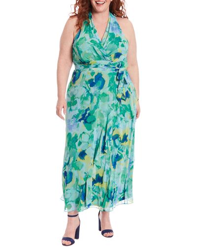 London Times Floral Sleeveless Chiffon Maxi Dress - Green