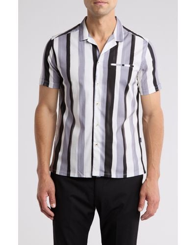 Stone Rose Stripe Short Sleeve Button-up Camp Shirt - White