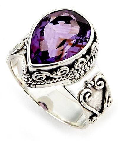 Samuel B. Sterling Silver Filigree Pear Cut Amethyst Ring - Purple