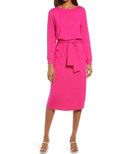 Fraiche By J Tie Waist Long Sleeve Midi Dress - Pink