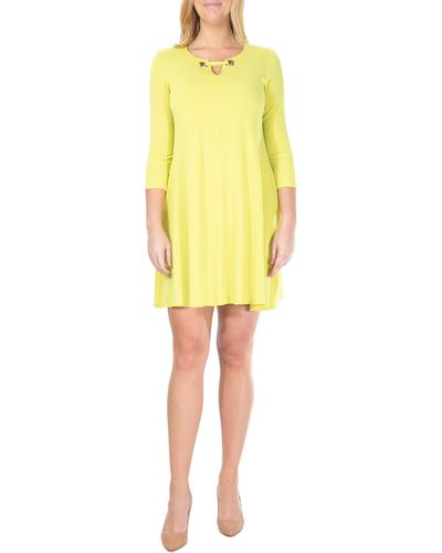 Nina Leonard Hardware Neck Long Sleeve Dress - Yellow