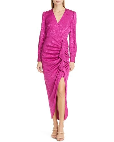 Veronica Beard Weiss Side Ruffle Long Sleeve Silk Blend Maxi Dress - Pink