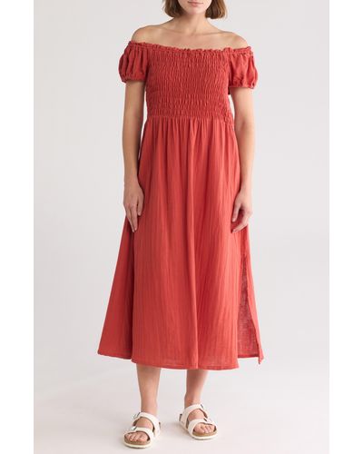 Boho Me Off The Shoulder Cotton Smocked Midi Dress - Red