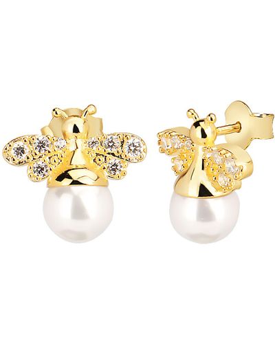 Gabi Rielle 14k Gold Plated Bee Mine Cz & Synthetic Pearl Stud Earrings - Metallic
