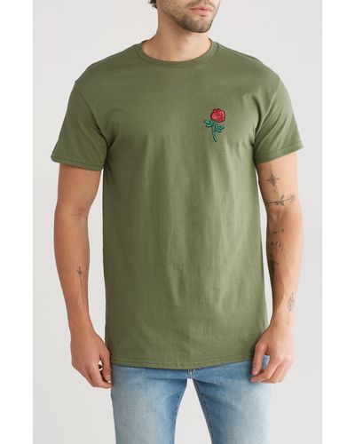 Retrofit Rose Embroidery Cotton T-shirt - Green
