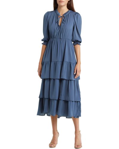 MELLODAY Ruffle Tiered Satin Midi Dress - Blue