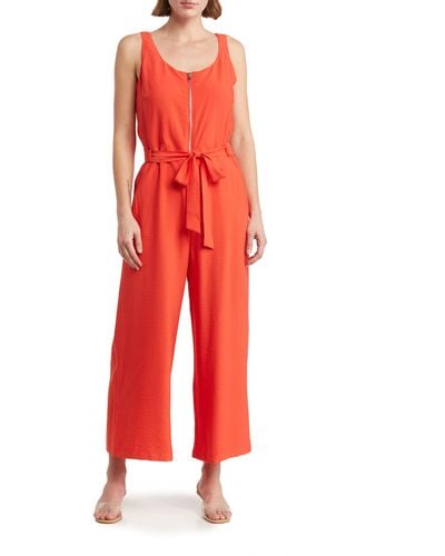 MELLODAY Belted Zip Front Jumpsuit - Red