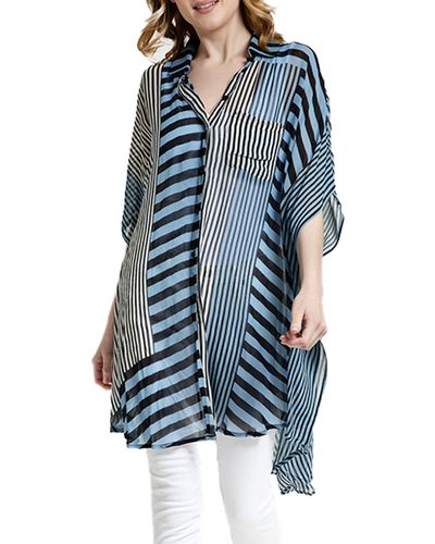 Saachi Sheer Oversize Stripe Cover Up Shirt - Blue