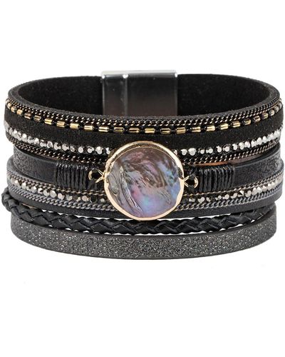 Saachi Galaxy Pearl Leather Strand Magnetic Bracelet - Black