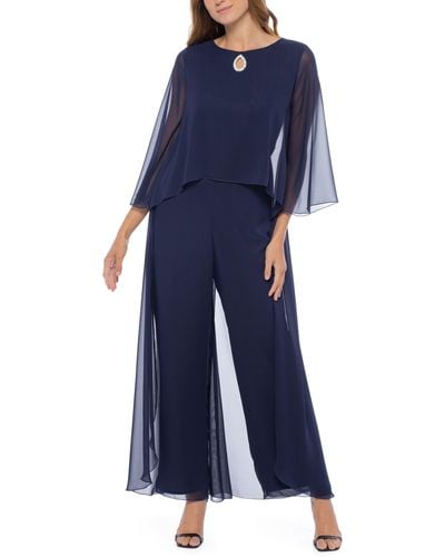 Marina Chiffon Overlay Long Sleeve Jumpsuit - Blue